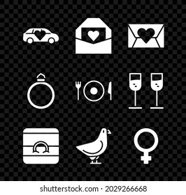 Set Limousine car, Envelope with Valentine heart, Wedding rings, Dove, Female gender symbol, Diamond engagement and Plate, fork and knife icon. Vector