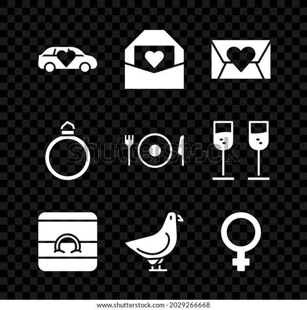Set Limousine car, Envelope with Valentine\
heart, Wedding rings, Dove, Female gender symbol, Diamond\
engagement and Plate, fork and knife icon.\
Vector