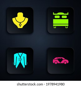 Set Limousine car, Necklace on mannequin, Suit and Bedroom. Black square button. Vector
