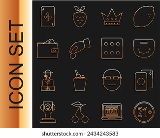 Set line 21 plus, Deck of playing cards, Poker table, King, Hand holding casino chips, Wallet with money, Playing clubs and Game dice icon. Vector