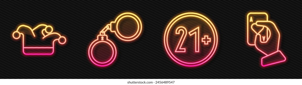 Set line 21 plus, Joker playing card, Handcuffs and Hand holding playing cards. Glowing neon icon. Vector