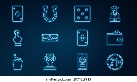 Set line 21 plus, Wallet with money, Game dice, Stacks paper cash, Hand holding casino chips, Playing card spades, clubs and Horseshoe icon. Vector