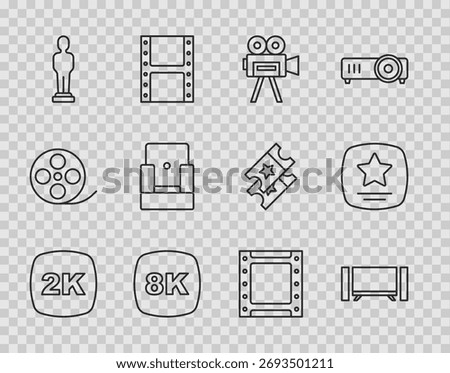 Set line 2k Ultra HD, Smart Tv, Retro cinema camera, 8k, Movie trophy, Cinema chair, Play video and Walk of fame star icon. Vector
