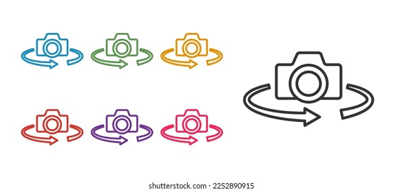Set line 360 degree view icon isolated on white background. Virtual reality. Angle 360 degree camera. Panorama photo. Set icons colorful. Vector