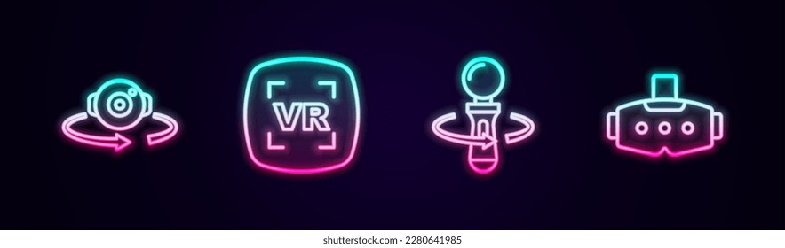 Set line 360 degree view, Virtual reality, VR controller game and glasses. Glowing neon icon. Vector