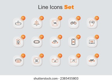 Set line 360 degree view, Wide angle picture, 3d modeling, Virtual reality glasses,  and  icon. Vector