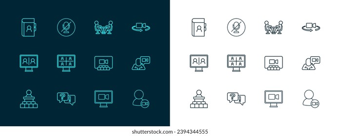 Set line 360 degree view, Question and Answer, Video chat conference, Meeting, Phone book and Mute microphone icon. Vector