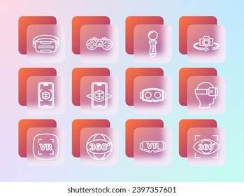 Set line 360 degree view, Virtual reality glasses, 3d modeling, VR controller game,  and Gamepad icon. Vector