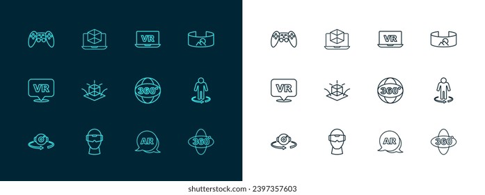 Establecer la vista de línea de 360 grados, gafas de realidad virtual, AR aumentado, modelado 3d, Gamepad e icono. Vector