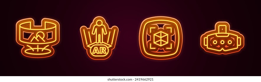 Set line 360 degree view, Augmented reality AR, 3d modeling and Virtual glasses. Glowing neon icon. Vector