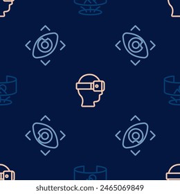Fije la línea de la vista de 360 grados, ojo electrónico del hermano mayor y gafas de realidad virtual en el patrón sin fisuras. Vector
