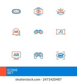 Ajuste de la línea de 360 grados de vista, Gamepad, realidad aumentada AR, imagen de gran angular, modelado 3d e icono de ojo electrónico Big Brother. Vector