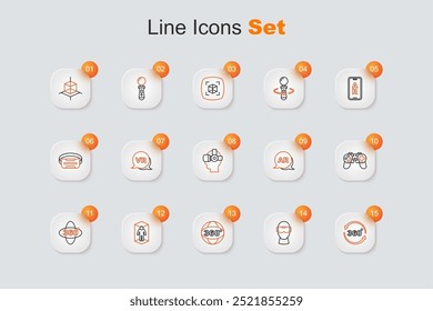 Establecer línea de visión de 360 grados, gafas de realidad virtual, modelado 3D, Gamepad, AR aumentada e icono. Vector
