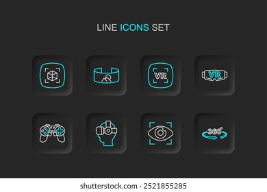 Establecer la línea de visión de 360 grados, ojo electrónico de Gran hermano, gafas de realidad virtual, Gamepad e icono de modelado 3D. Vector