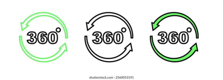 Set line 360 degree view icon isolated on white background. Virtual reality. Angle 360 degree camera. Panorama photo.  Vector