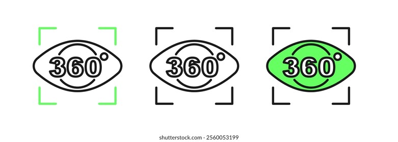 Set line 360 degree view icon isolated on white background. Virtual reality. Angle 360 degree camera. Panorama photo.  Vector