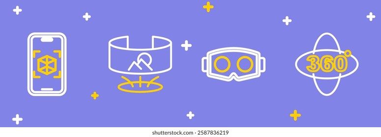 Set line 360 degree view, Virtual reality glasses,  and 3d modeling icon. Vector