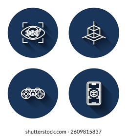Set line 360 degree view, 3d modeling, Gamepad and  with long shadow. Blue circle button. Vector