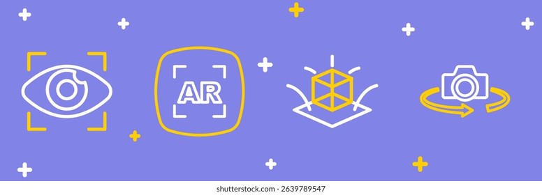 Set line 360 degree view, 3d modeling, Augmented reality AR and Big brother electronic eye icon. Vector