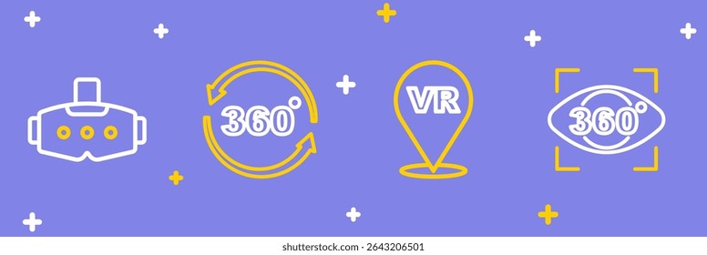 Set line 360 degree view, Virtual reality,  and glasses icon. Vector
