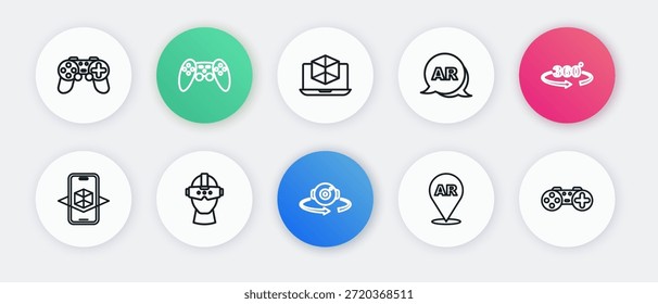 Set line 360 degree view, 3d modeling, Augmented reality AR, Gamepad and Virtual glasses icon. Vector