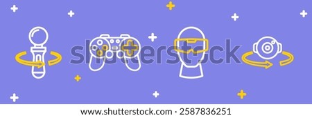 Set line 360 degree view, Virtual reality glasses, Gamepad and VR controller game icon. Vector