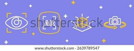 Set line 360 degree view, 3d modeling, Augmented reality AR and Big brother electronic eye icon. Vector