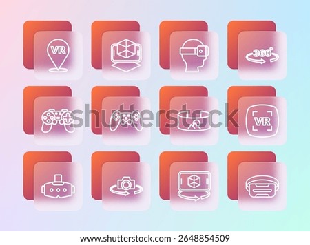 Set line 360 degree view, 3d modeling, Gamepad, Virtual reality glasses,  and  icon. Vector