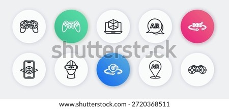 Set line 360 degree view, 3d modeling, Augmented reality AR, Gamepad and Virtual glasses icon. Vector