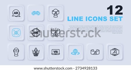 Set line 360 degree view, Wide angle picture, 3d modeling, Augmented reality AR, Gamepad and Virtual icon. Vector