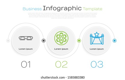 Set line 3D cinema glasses , Film reel  and Carpet with barriers and star . Business infographic template. Vector