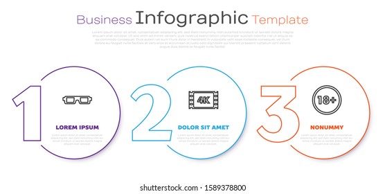 Set line 3D cinema glasses , 4k movie, tape, frame  and Under 18 years. Business infographic template. Vector