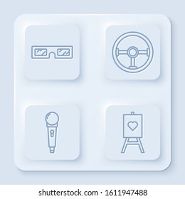 Set line 3D cinema glasses, Steering wheel, Microphone and Wood easel or painting art boards. White square button. Vector