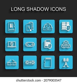 Set line 3D cinema glasses, speakers, Micro SD memory card, Antenna, Gamepad, Isometric cube and Document protection icon. Vector