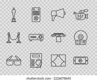 Set line 3D cinema glasses, Online play video, Megaphone, Cinema poster, Movie trophy, Movie, film, media projector, Curtain and CD DVD disk icon. Vector