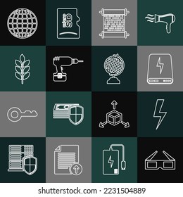 Set line 3D cinema glasses, Lightning bolt, Power bank, Paper scroll, Drill machine, Wheat, Earth globe and  icon. Vector
