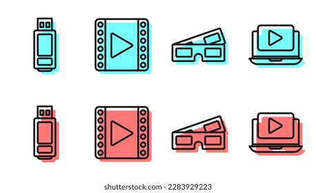 Set line 3D cinema glasses, USB flash drive, Play Video and Online play video icon. Vector