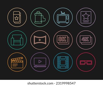 Set line 3D cinema glasses, 4k Ultra HD, Retro tv, Online play video, Cinema chair, ticket, 8k and Camera film roll cartridge icon. Vector