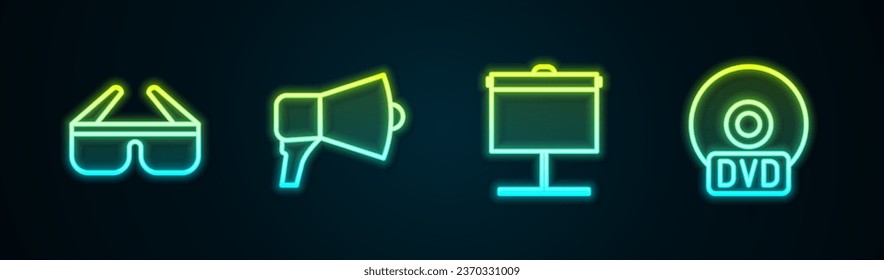 Set line 3D cinema glasses, Megaphone, Projection screen and CD or DVD disk. Glowing neon icon. Vector