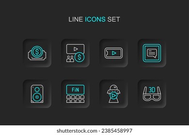 Fijar las gafas de cine 3D, Ciencia ficción, Auditorio de cine con pantalla, altavoz estéreo, subtítulos de video, video de reproducción en línea e icono de entrada. Vector