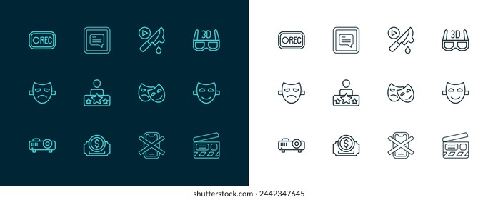 Set line 3D cinema glasses, Cinema ticket, Comedy and tragedy masks, No cell phone, Actor star, Thriller movie, Record button and Video with subtitles icon. Vector