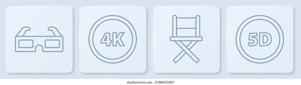 Set line 3D cinema glasses, Director movie chair, 4k Ultra HD and 5d virtual reality. White square button. Vector