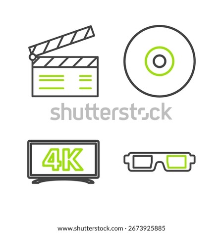 Set line 3D cinema glasses, CD or DVD disk and Movie clapper icon. Vector