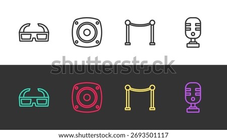 Set line 3D cinema glasses, Stereo speaker, Rope barrier and Microphone on black and white. Vector