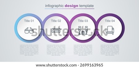 Set line 3D cinema glasses, Cinema ticket, Home stereo with two speakers and chair. Business infographic template. Vector