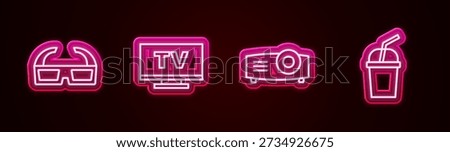 Set line 3D cinema glasses, Smart Tv, Movie, film, media projector and Paper with water. Glowing neon icon. Vector