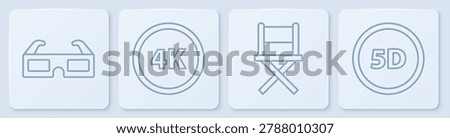 Set line 3D cinema glasses, Director movie chair, 4k Ultra HD and 5d virtual reality. White square button. Vector