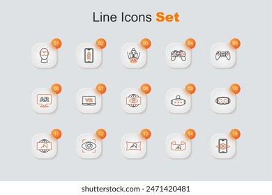 Set line 3d modeling, 360 degree view, Wide angle picture, Big brother electronic eye, Virtual reality glasses,  and  icon. Vector