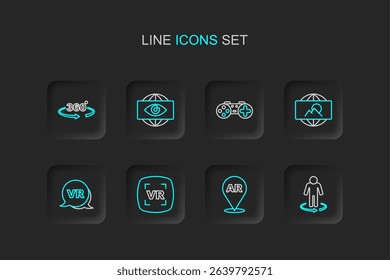 Set line 3d modeling, Augmented reality AR, Virtual, Wide angle picture, Gamepad, Big brother electronic eye and 360 degree view icon. Vector