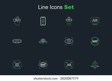 Set line 3d modeling, Augmented reality AR, 360 degree view, Big brother electronic eye,  and Virtual glasses icon. Vector